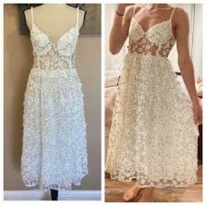 LULUS Darling Romance White Tulle Floral Applique Bustier Midi Dress Wedding M